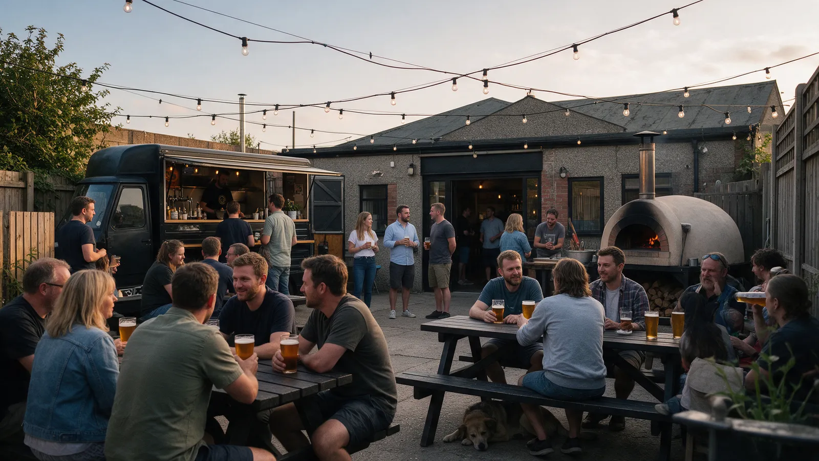 A street-food van and a wood-fired pizza oven in the yard of a brewery taproom on a Friday evening, strings of bulbs, people at picnic benches with pints, a dog under a table