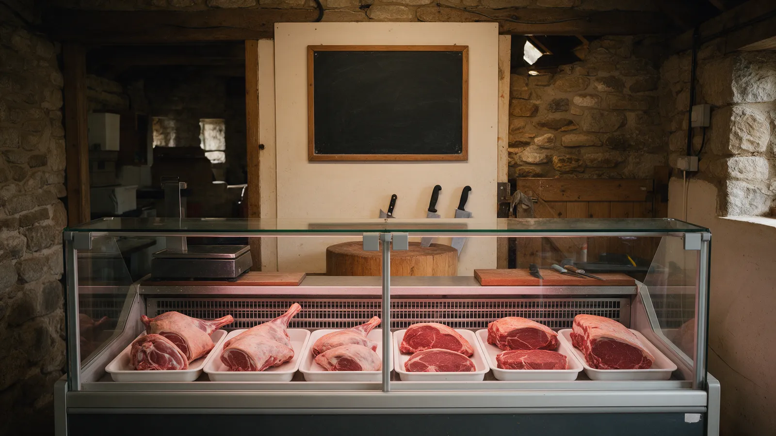 A small butchery counter at the back of a farm shop: joints of lamb and beef on white trays in a glass-fronted chiller, a wooden block and knives behind, a chalkboard of prices