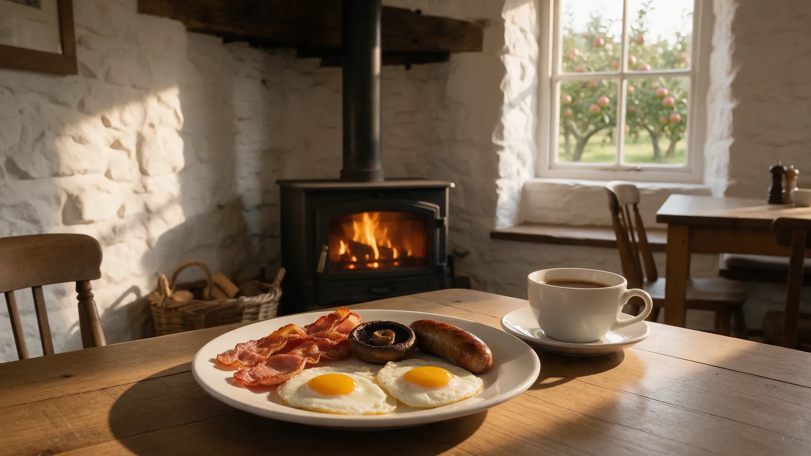 A farm café in a converted dairy: whitewashed stone walls, wooden tables, a plate of breakfast with eggs and bacon, a wood-burning stove, a window onto an orchard