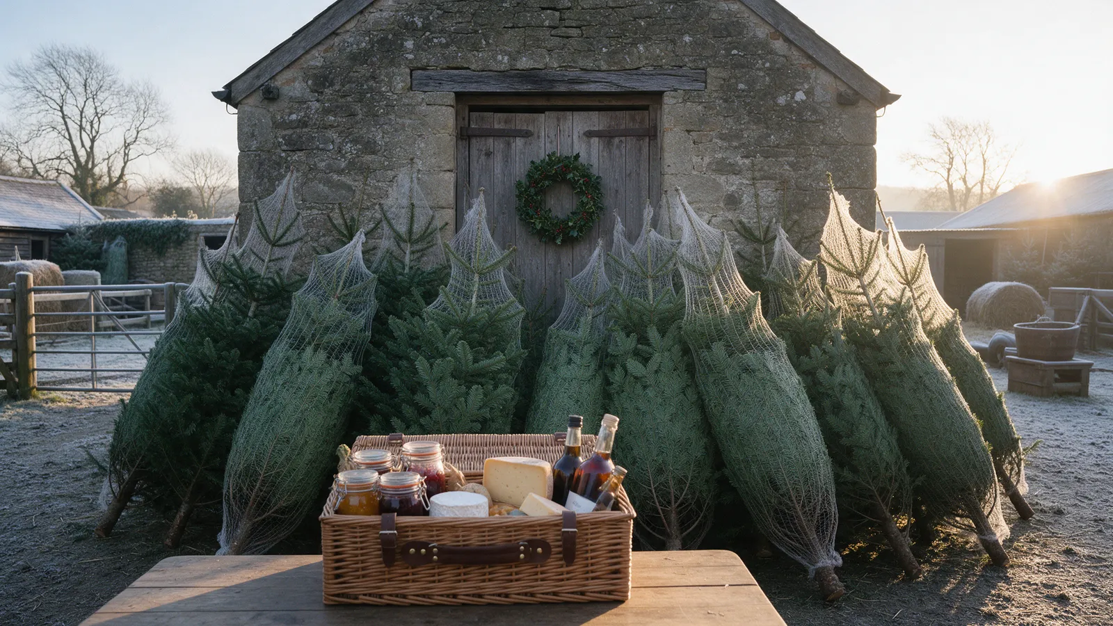 Christmas at a farm shop: rows of netted Nordmann fir trees leaning against a stone barn, a wreath on the door, a wicker hamper of jars and bottles on a table, frost on the yard