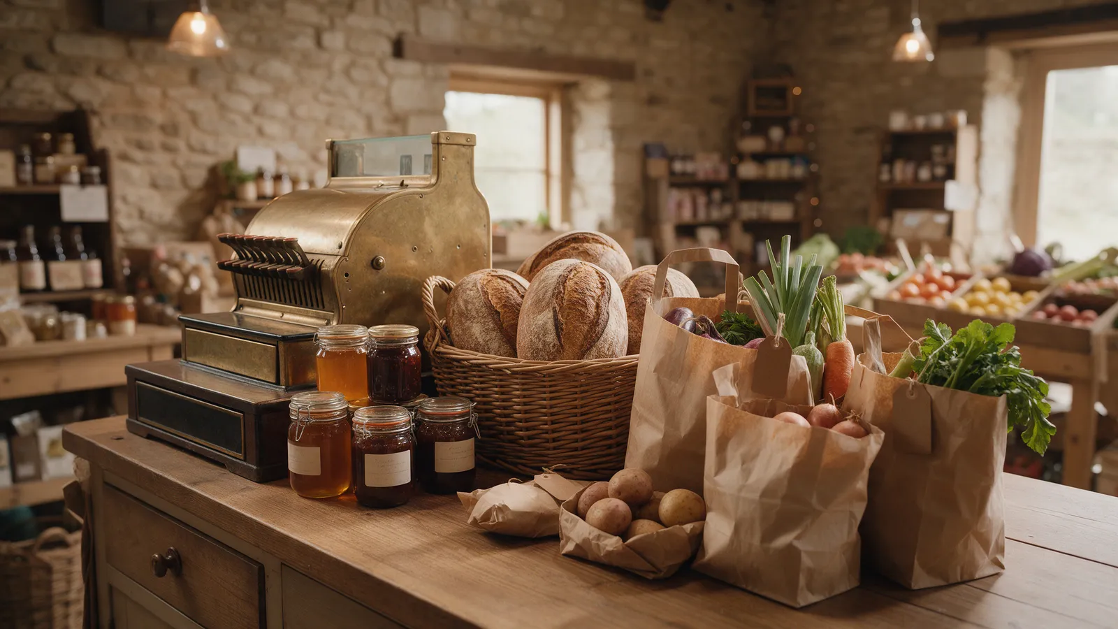A wooden farm shop counter with an old brass till, jars of honey and chutney, a basket of sourdough loaves and paper bags of orders waiting for collection