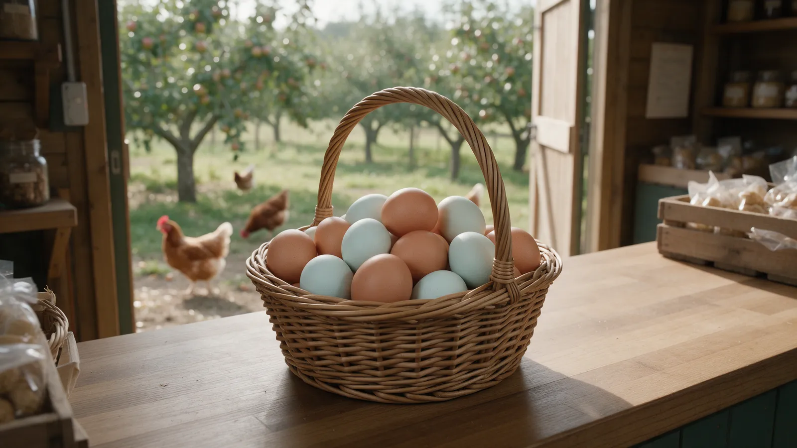 A wicker basket of brown and pale blue hen's eggs on a farm shop counter, free-range hens in an orchard through the open door