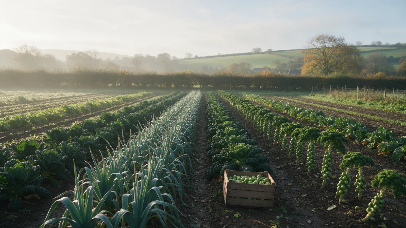 Long rows of leeks, kale and brussels sprouts in a Welsh vegetable field in autumn mist, a wooden crate at the end of a row, rolling hills behind
