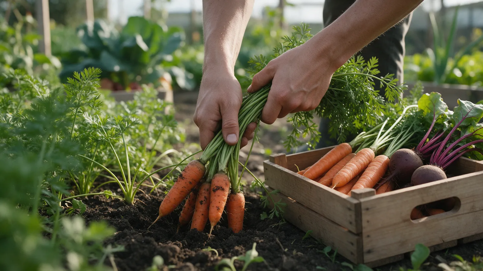 Hands pulling a bunch of carrots out of dark soil, a wooden crate of carrots and beetroot beside them