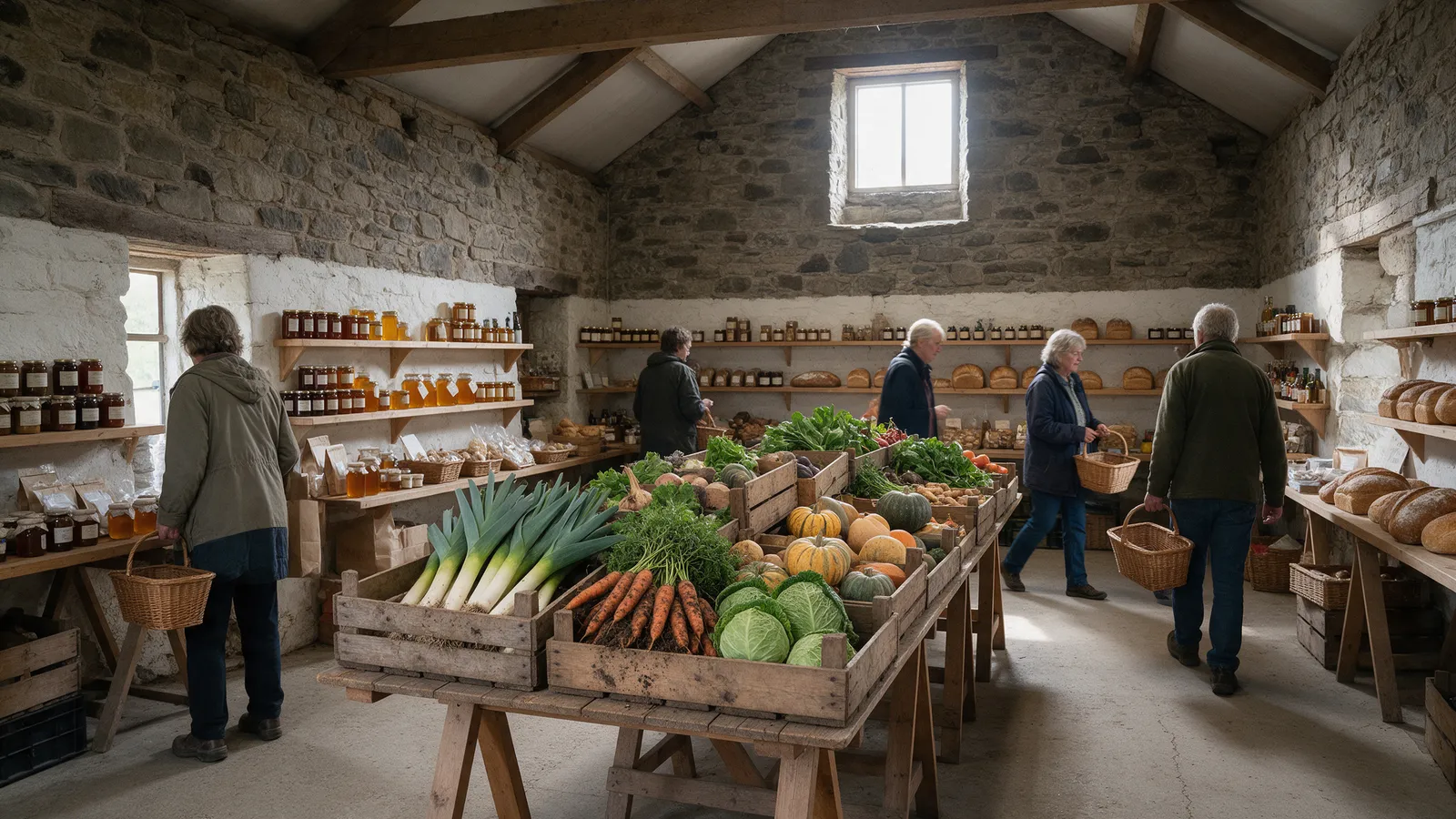 The inside of a farm shop in a converted stone barn: trestle tables of vegetables in wooden crates, shelves of jars and bread behind, light from a high window