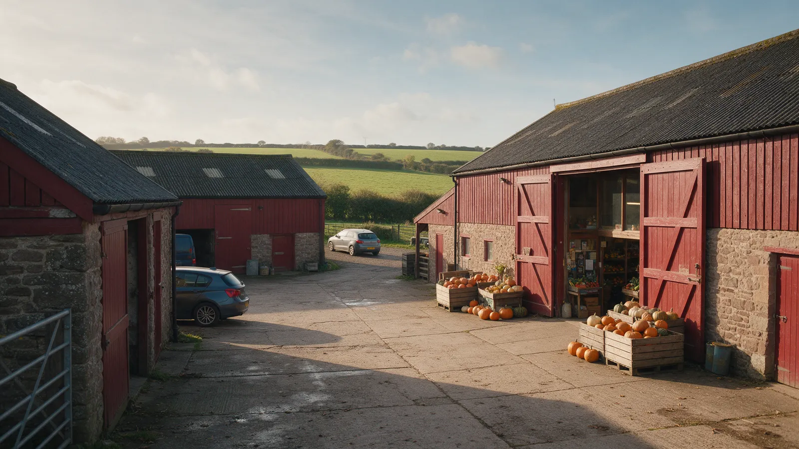 Red-painted stone and timber barns around a farmyard, one converted into a farm shop with crates of pumpkins outside, fields behind