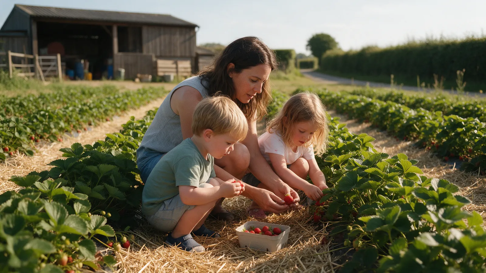 A family picking strawberries in a field in early summer, rows of plants on straw, a punnet half full, a farm shed and a lane in the background