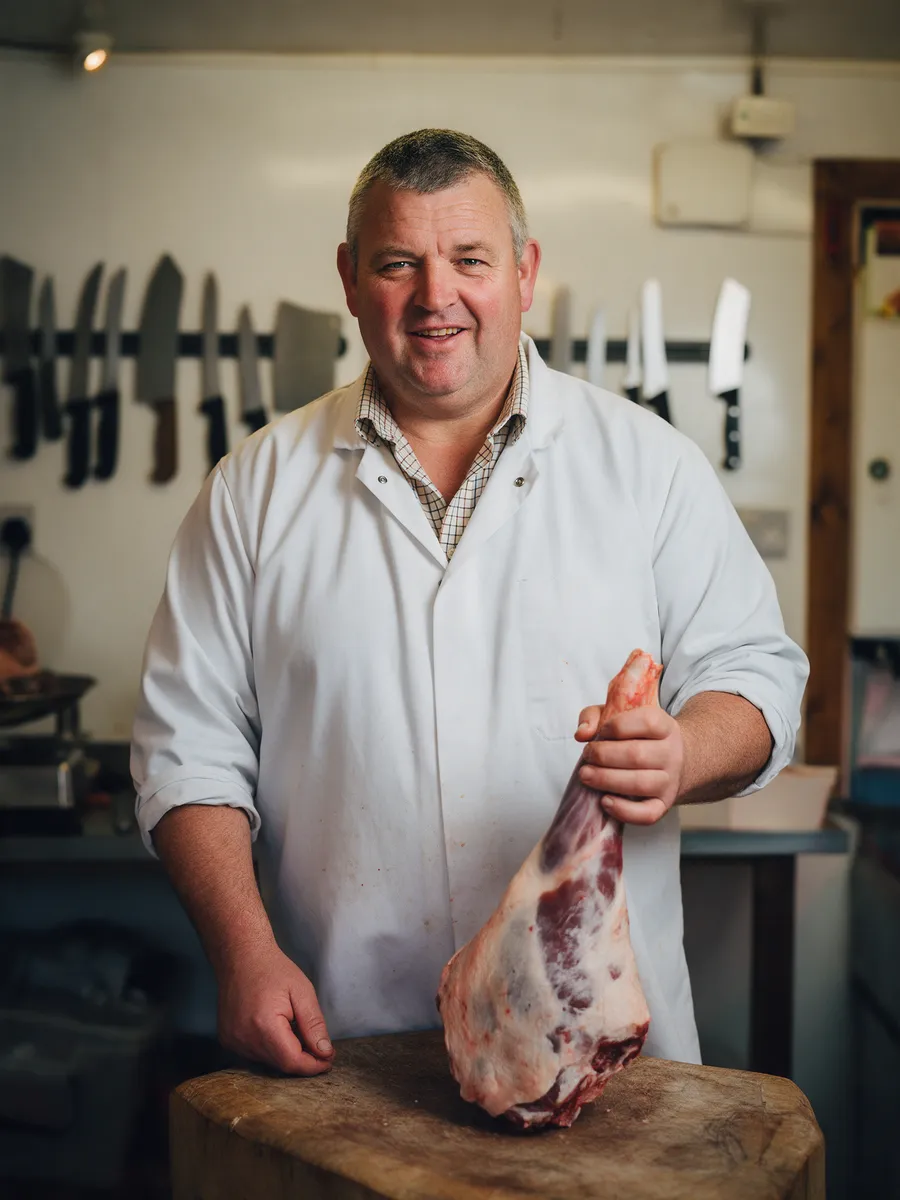 Dafydd Thomas, a broad Welsh man in his late forties with short greying hair, in a white butcher's coat over a checked shirt, at a wooden block in a farm shop butchery with a leg of lamb
