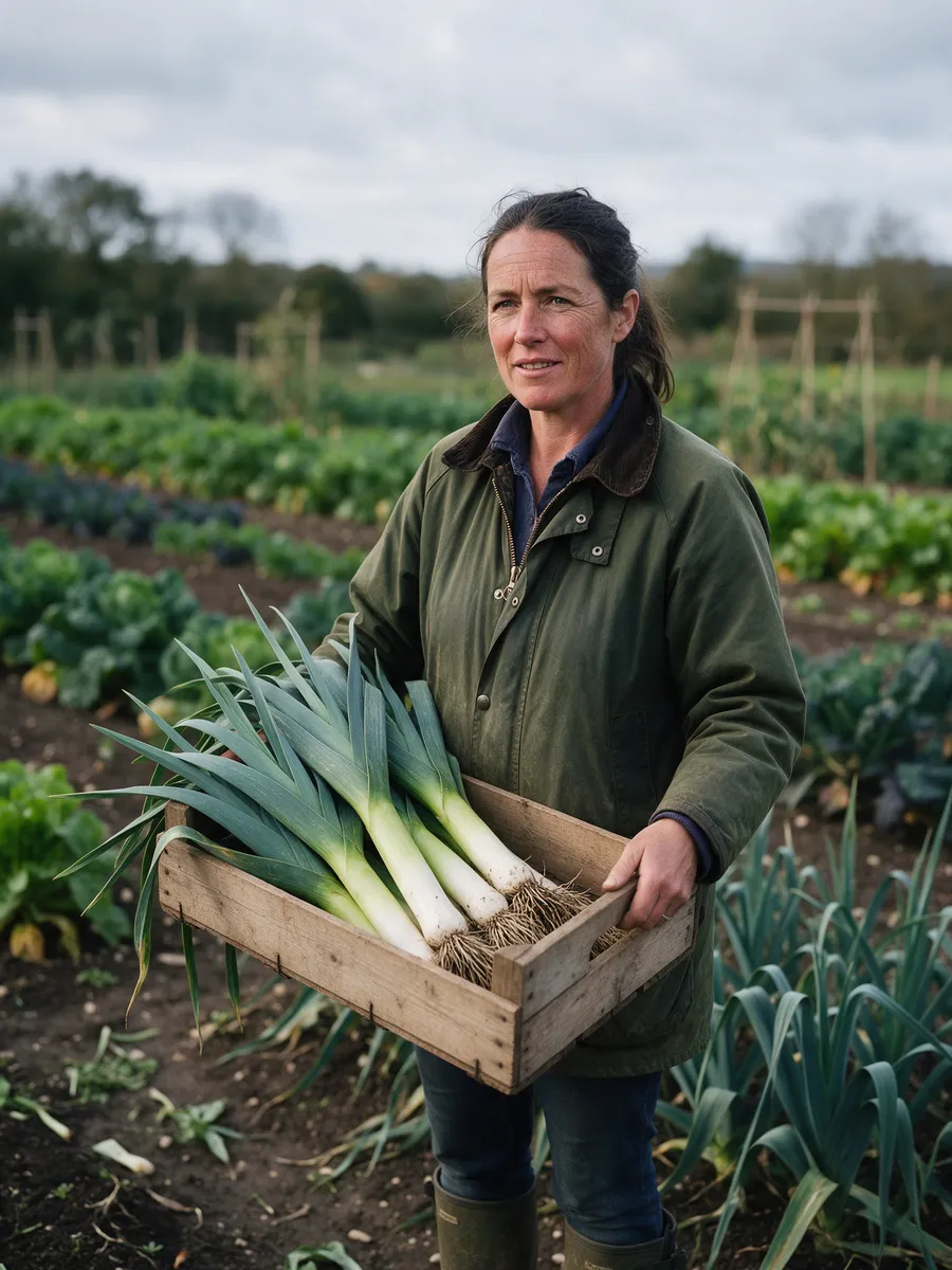 Nia Thomas, a Welsh woman in her mid-forties with dark hair tied back and a weathered face, in a green waxed jacket and wellingtons, standing in a vegetable field holding a crate of leeks