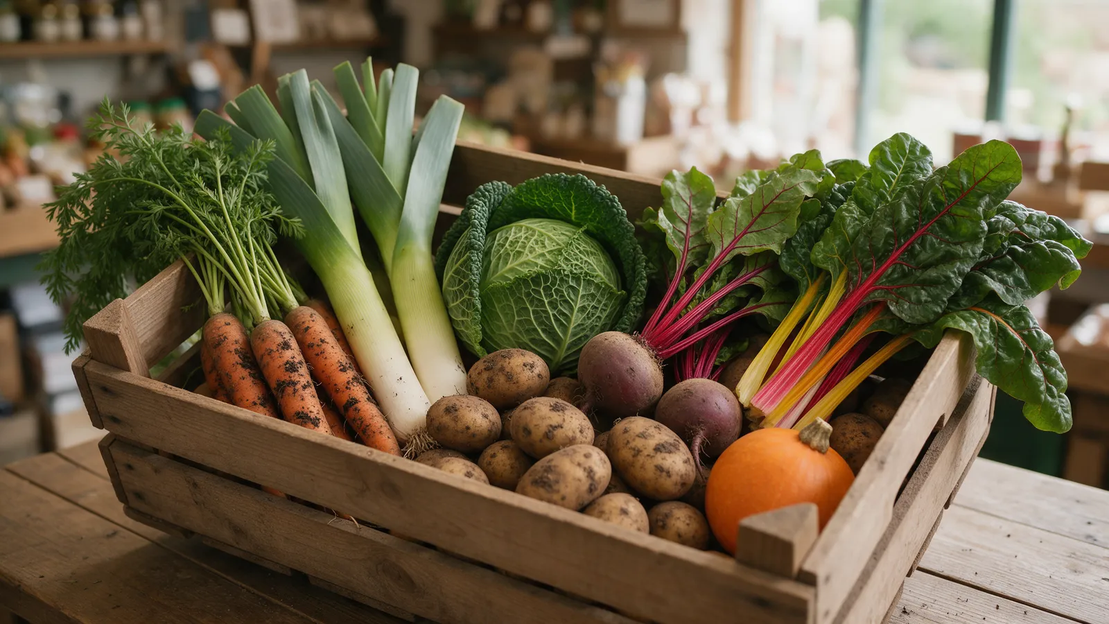 A wooden crate filled with freshly picked vegetables with the soil still on: carrots, leeks, a cabbage, beetroot, potatoes and a bunch of chard, on a farm shop table