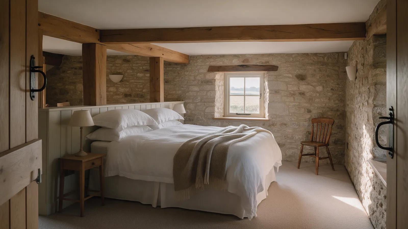A guest bedroom in the converted stables with a stone wall, oak beams and white linen
