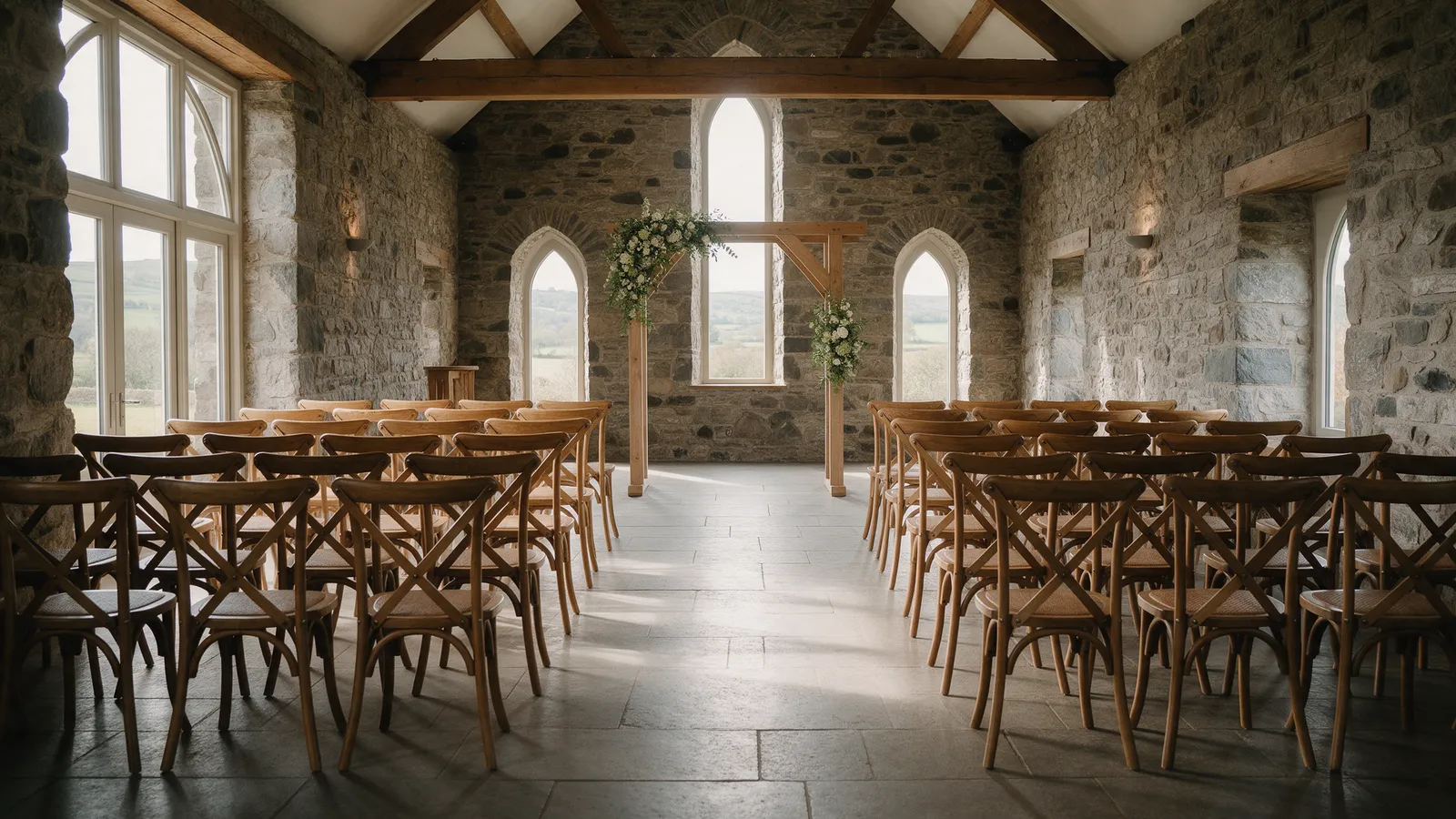The Cowshed with rows of cross-back chairs, an oak arch of flowers and tall arched windows
