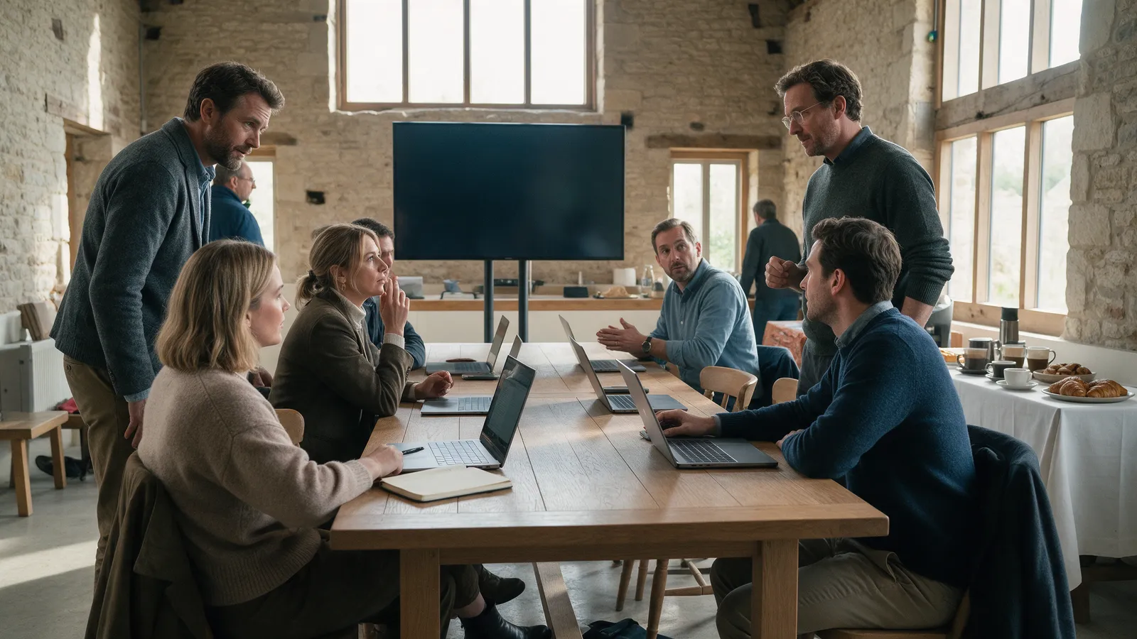A company away-day in the Barn with a long oak table, laptops, a large screen and coffee at the side