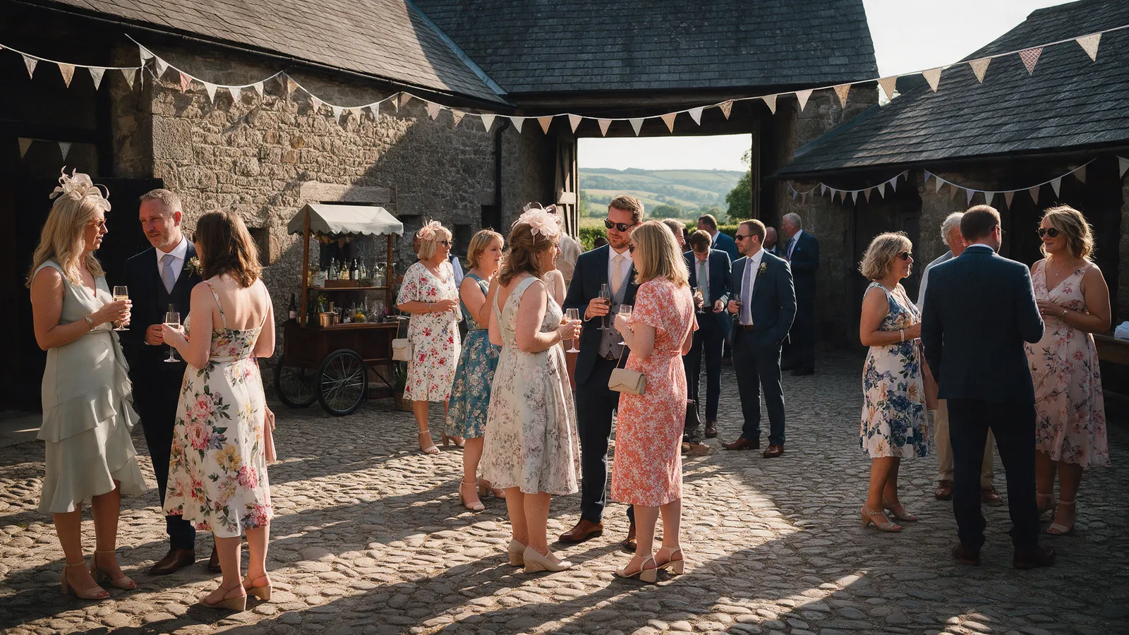 Guests with drinks in the cobbled courtyard between the stone barns in late sun