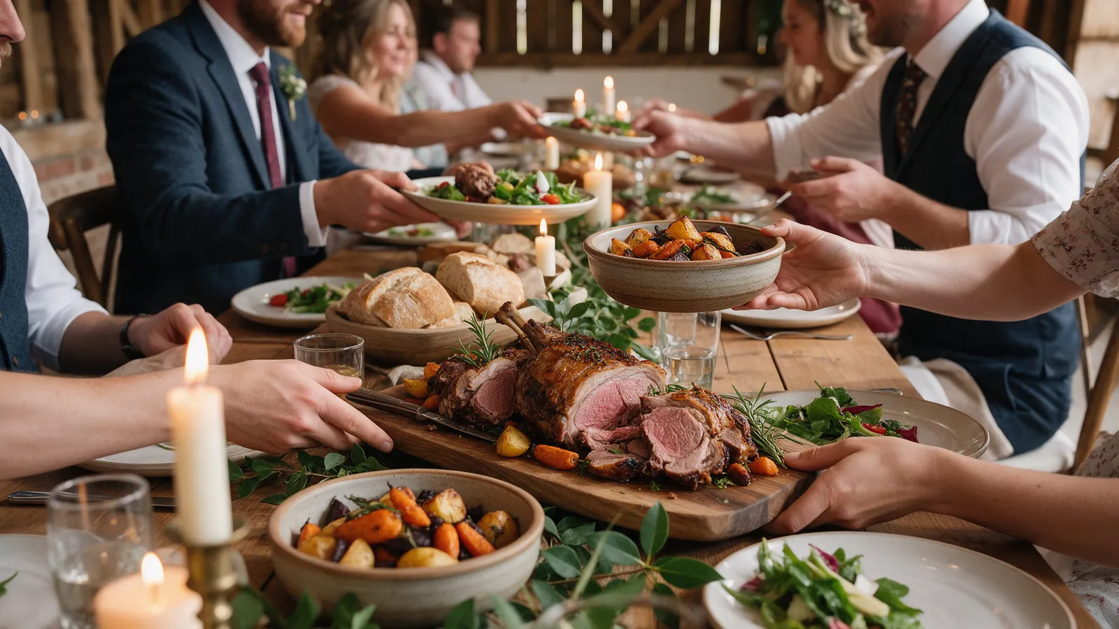 A feasting table with sharing platters of roast lamb and vegetables being passed by guests in candlelight