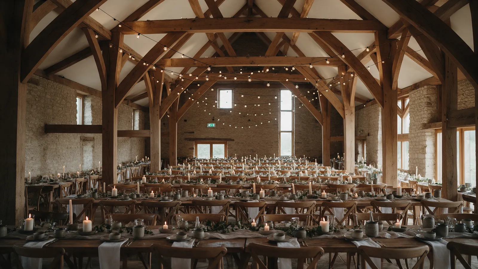 The Barn set for a wedding breakfast with long oak tables under oak trusses and festoon lights