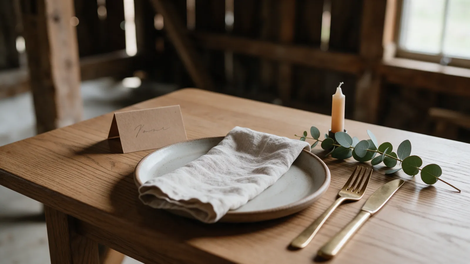 A wedding table setting on an oak table: a kraft place card, a stoneware plate, a linen napkin, brass cutlery and a sprig of eucalyptus
