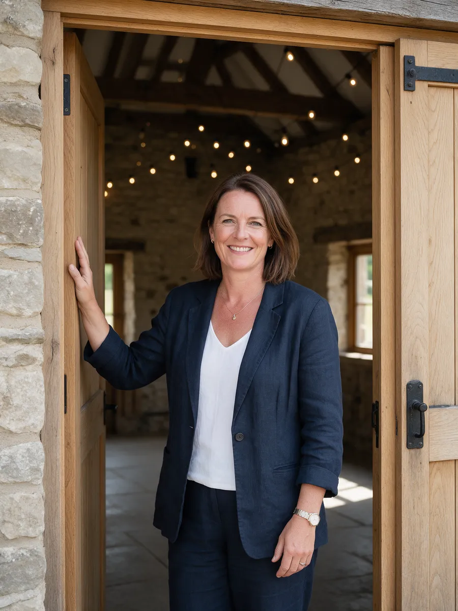 Ceri Howells, a Welsh woman in her mid-forties in a navy linen blazer, standing in the open oak doorway of the Barn