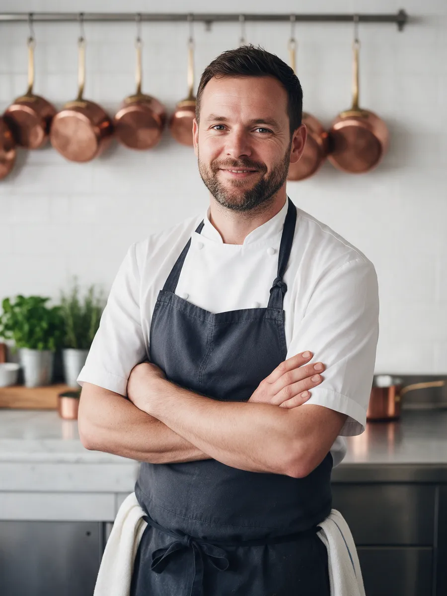 Tomos Price, a man in his late thirties with a short beard in chef whites and a dark apron, arms folded in the kitchen