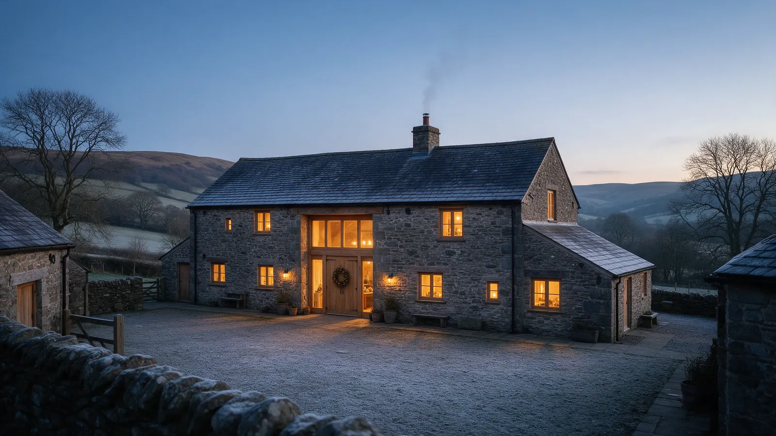 Ty Mawr Barn at blue hour in winter with frost on the courtyard and warm light in every window