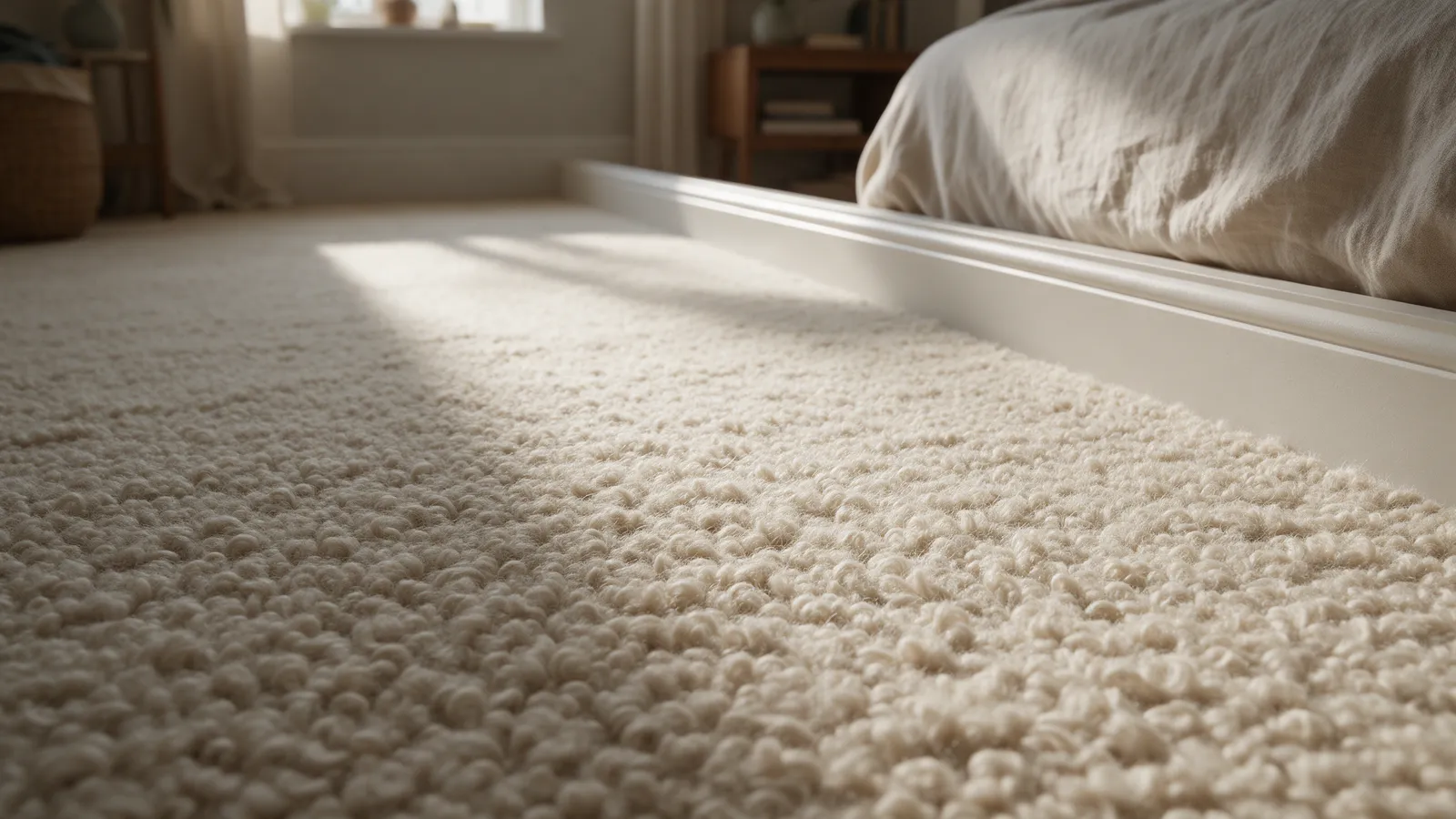A newly fitted oatmeal twist-pile carpet in a bedroom, seen low across the pile with a bed edge and a white skirting board