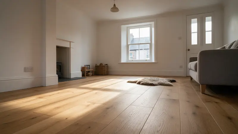 A bright terraced-house living room with a newly fitted wide-plank honey oak floor, low morning sun across the boards, a wool rug and a grey sofa by the sash window