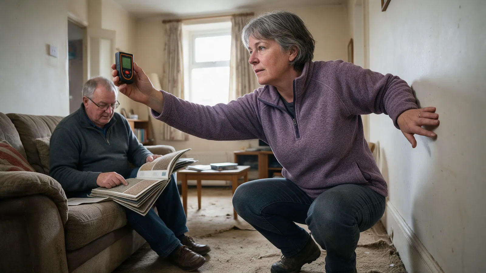 A flooring estimator measuring a living room with a laser measure while the homeowner looks through a carpet sample book on the sofa