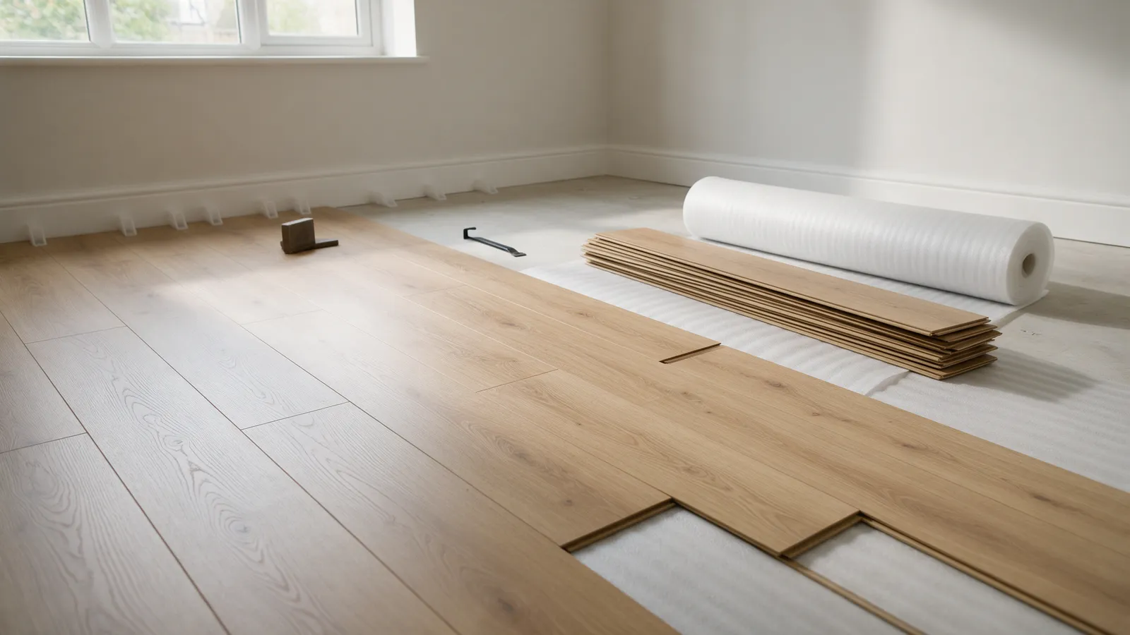 A light oak-effect laminate floor being installed in an empty living room, with a stack of boards, foam underlay and spacers at the skirting