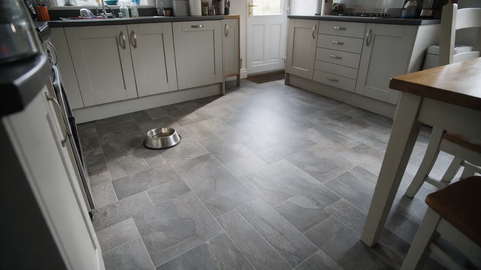A family kitchen with a newly laid grey stone-effect luxury vinyl tile floor, a dog bowl by the cupboards and daylight from the back door