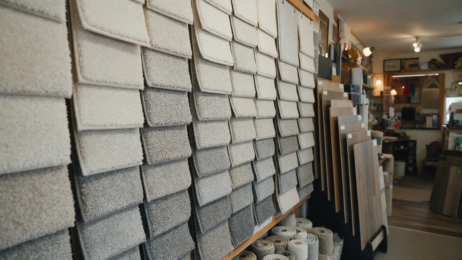 A wall of carpet samples and wood and vinyl plank boards in a small flooring shop, roll ends stacked below