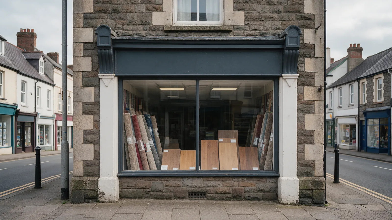 A small stone-fronted flooring shop on a Bridgend street, carpet roll ends and wood sample boards in the window
