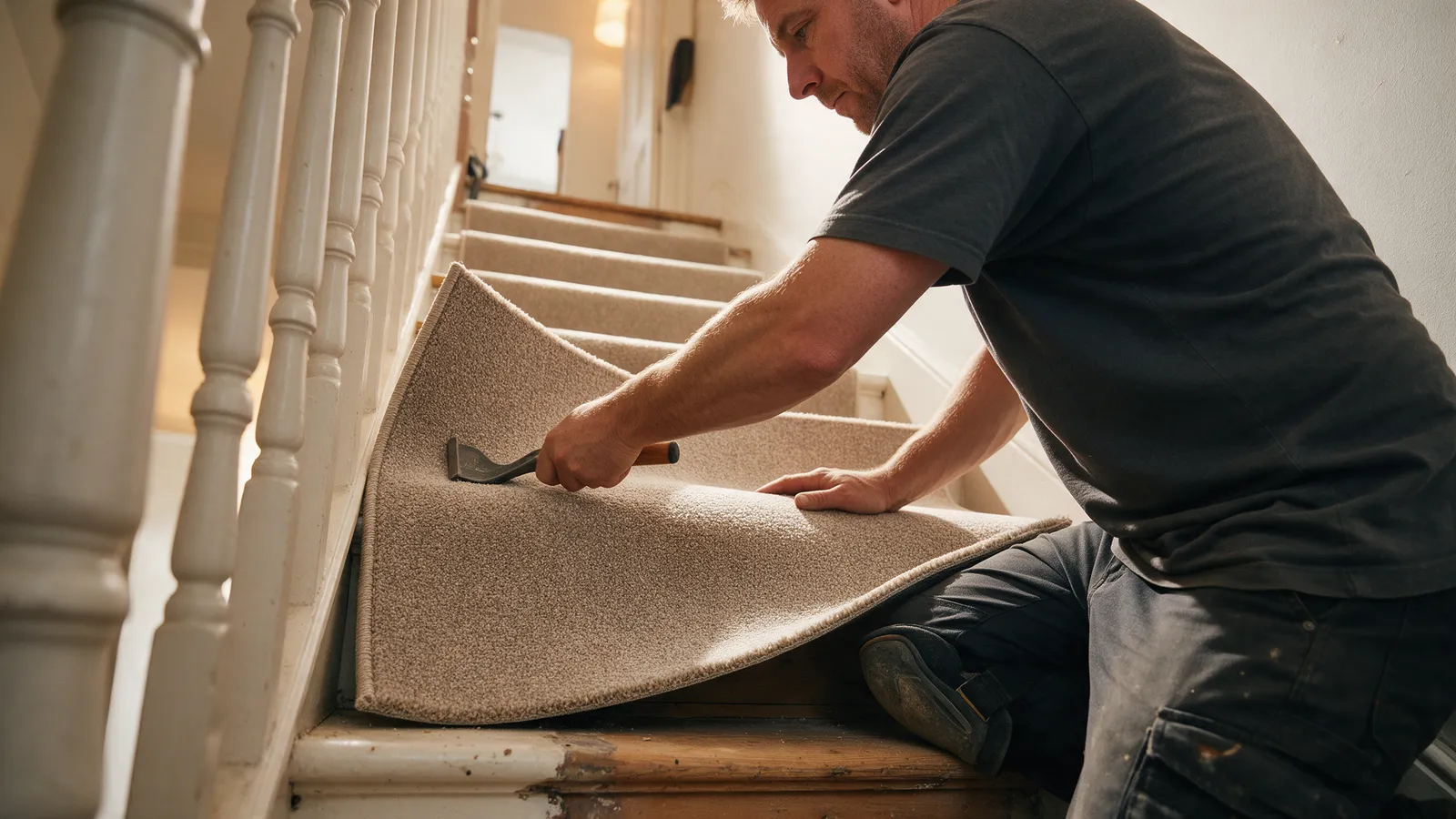 A fitter stretching a new carpet over a stair tread with a bolster, on a narrow staircase