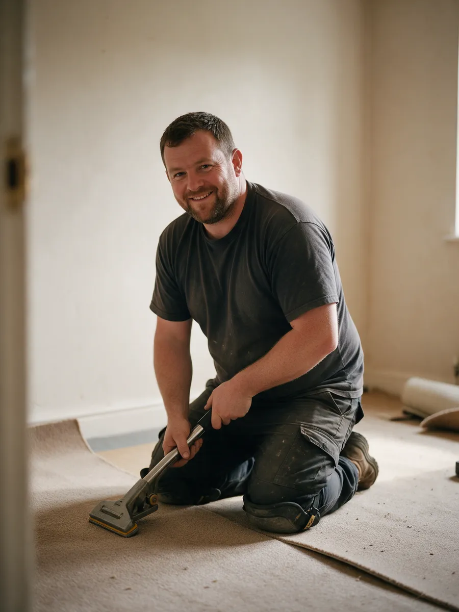 Lewis Hopkins, a stocky Welsh floor fitter in his mid-thirties with a short beard and kneepads, kneeling with a knee kicker on a half-fitted carpet