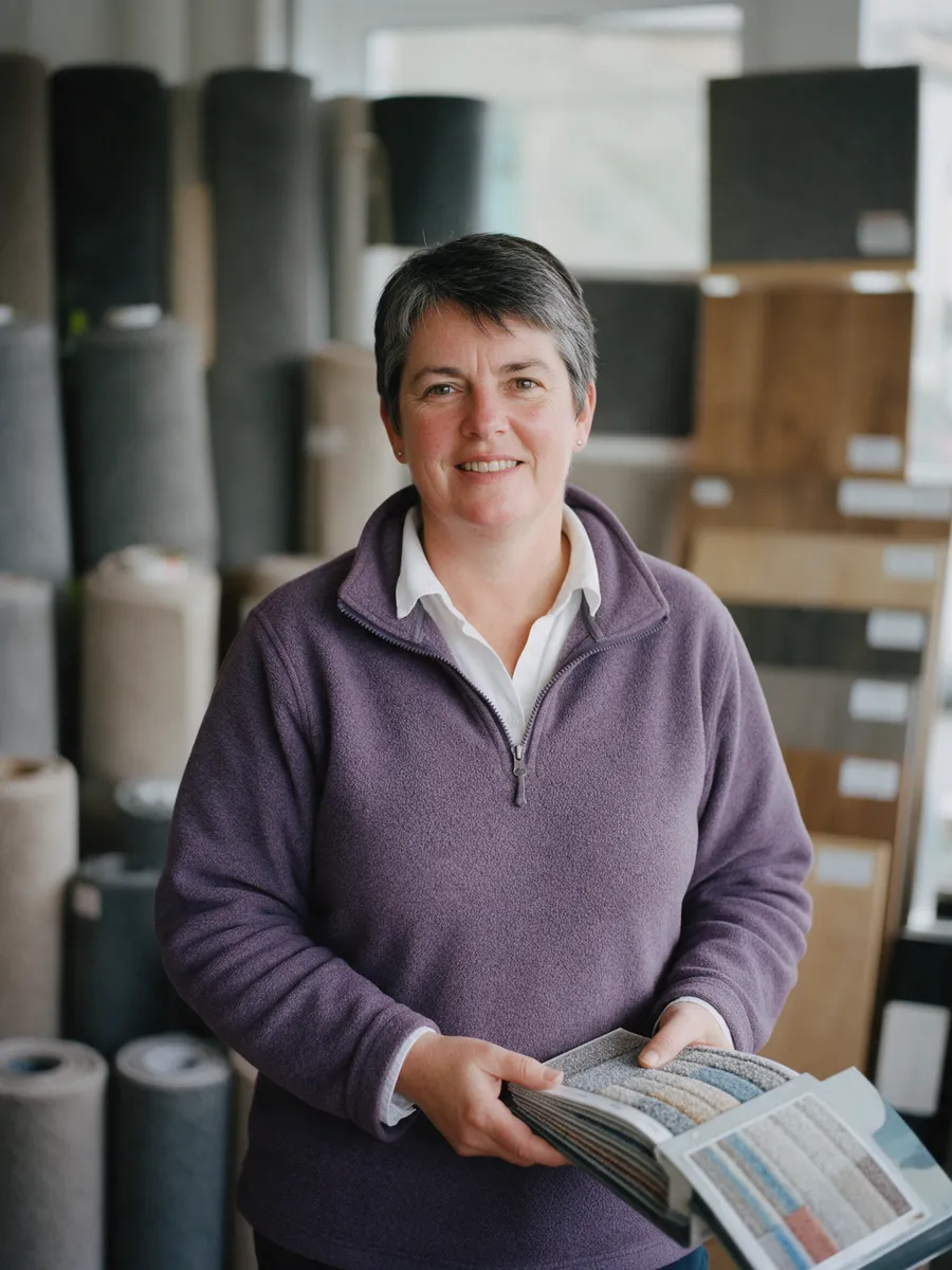 Rhian Bevan, a Welsh woman of about fifty with short grey-streaked hair, in a heather fleece, holding a carpet sample book in the shop