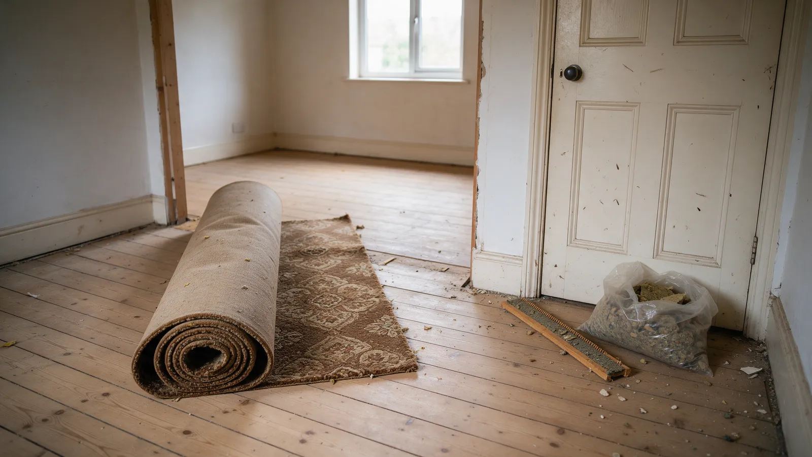 An old patterned carpet rolled up beside bare floorboards and a strip of old gripper, ready to be taken away