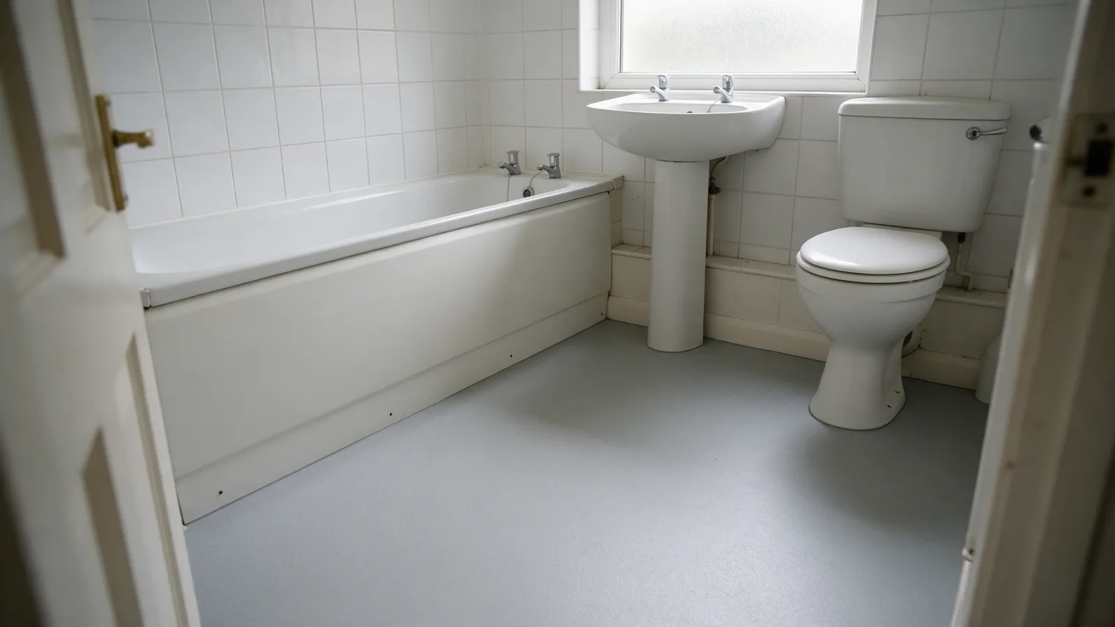 A small bathroom with a newly fitted pale grey sheet vinyl floor running in one piece under a white bath panel and a pedestal basin