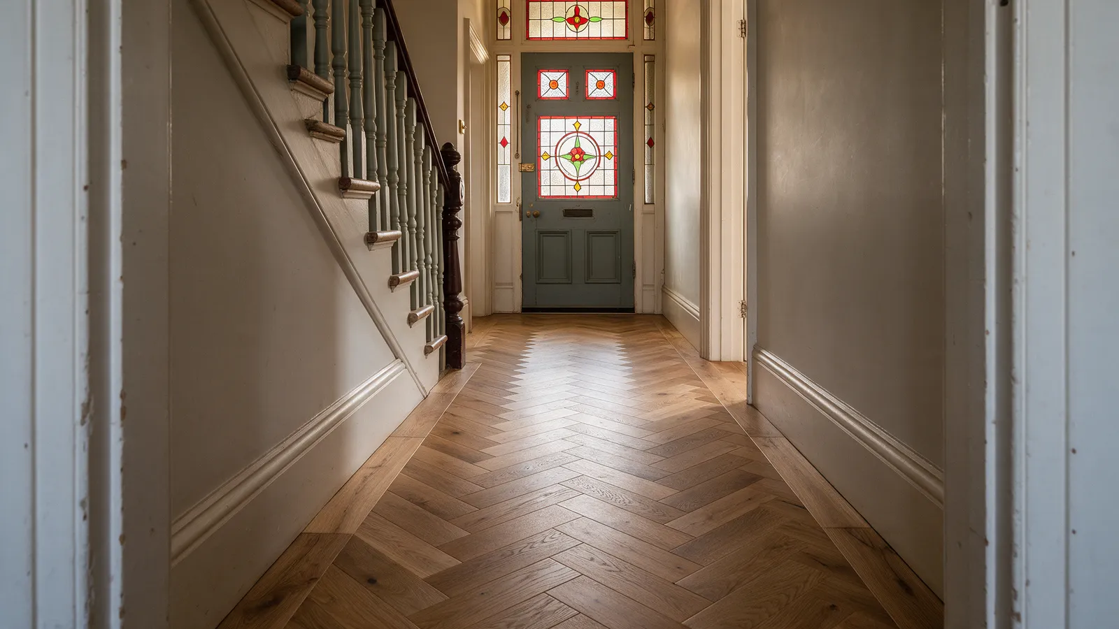 A herringbone engineered oak floor running down a Victorian hallway to a stained-glass front door, with the bottom stair in view