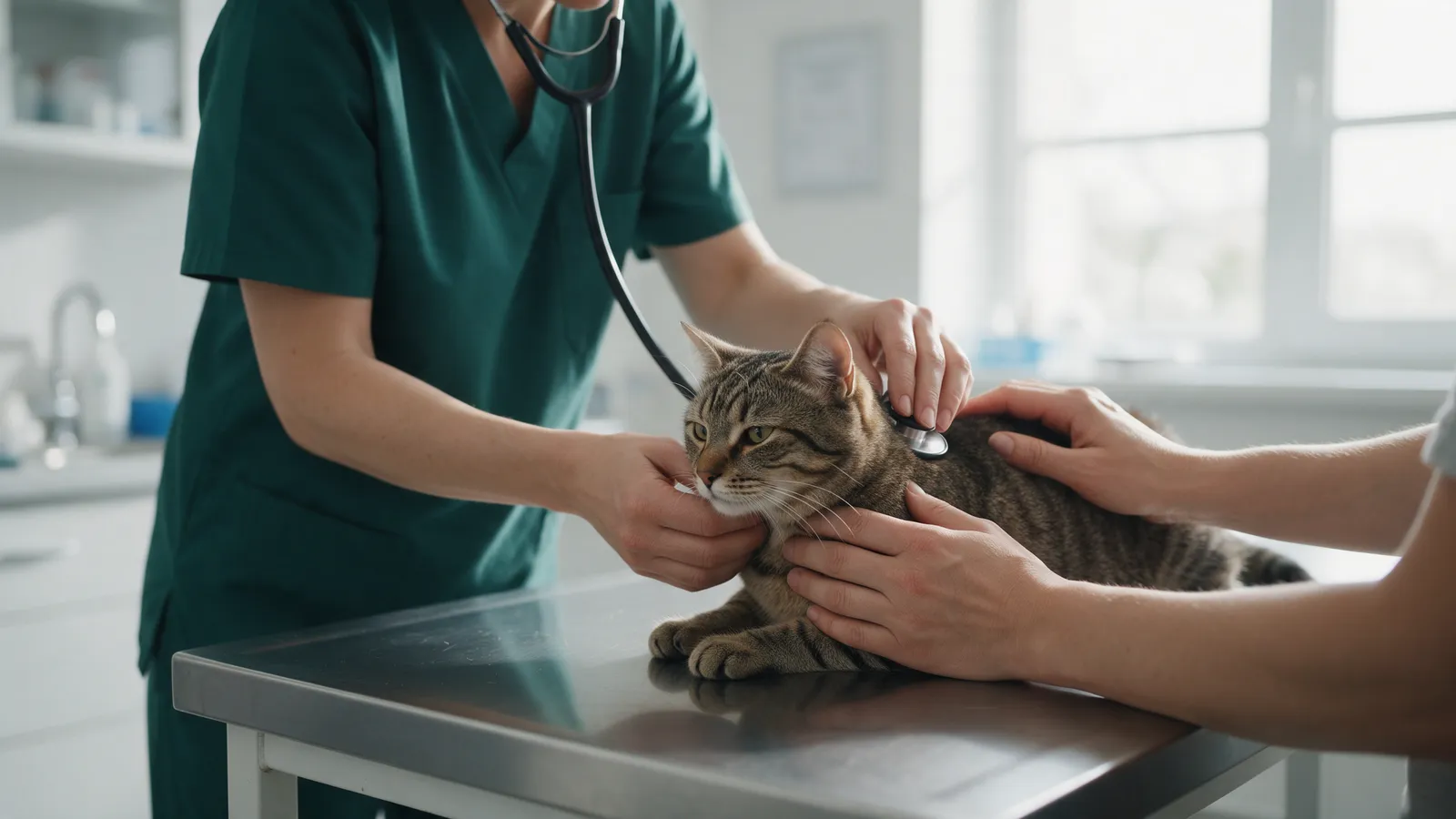 A vet gently examining a tabby cat on a steel table while the owner reassures it