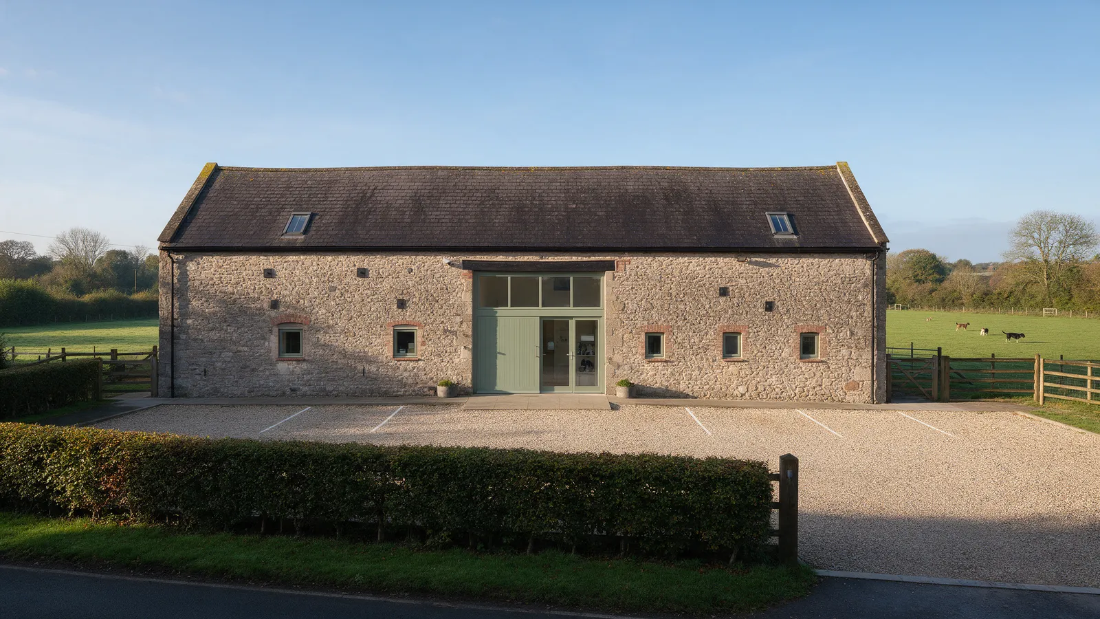 The practice: a converted stone barn with a sage-green door, a gravel car park with a hedge and a dog-walking field behind