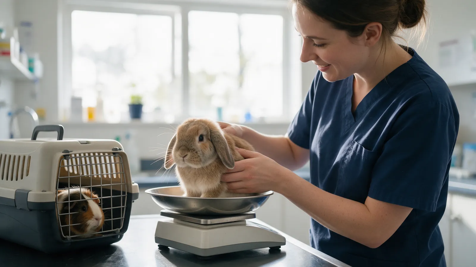 A veterinary nurse weighing a lop-eared rabbit on a small scale in a treatment room