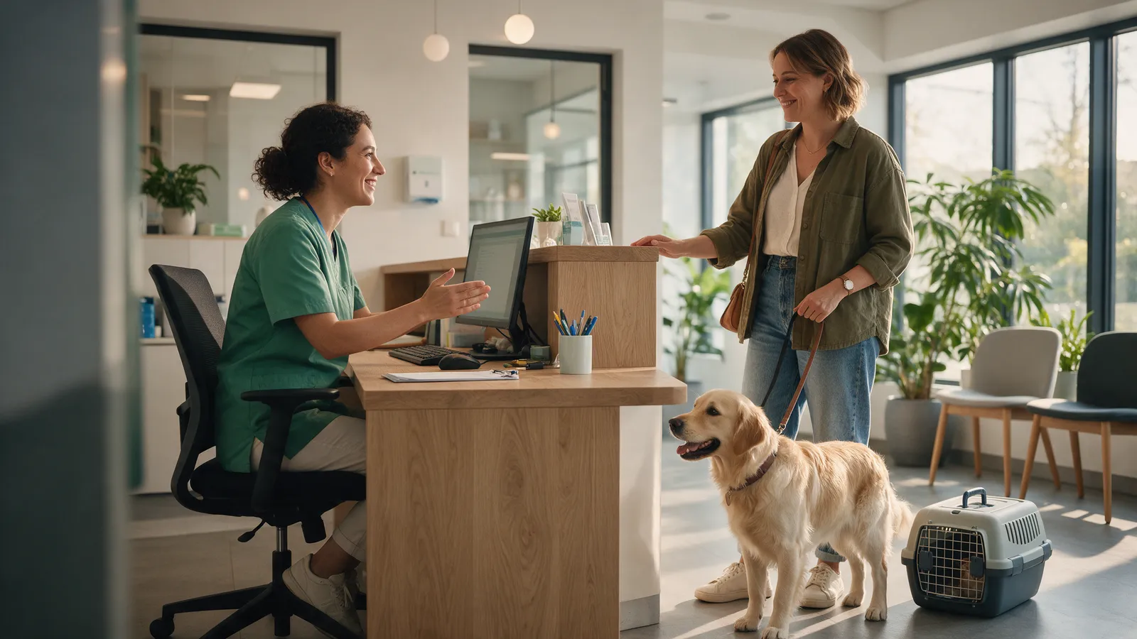 The practice reception: a light oak desk, a receptionist greeting a woman with a golden retriever, a cat carrier on the floor, plants and big windows
