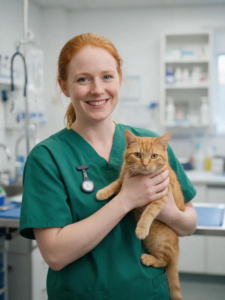 Cerys Hughes, a head veterinary nurse with red hair tied back, in green scrubs, holding a ginger cat