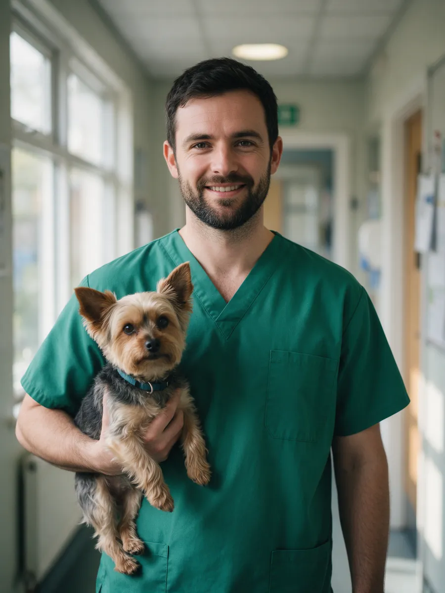 Owen Pritchard, a veterinary surgeon in his thirties with a beard, in green scrubs, holding a small terrier