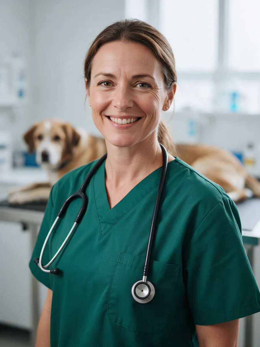 Rhian Davies, a veterinary surgeon in her forties in a dark green scrub top with a stethoscope