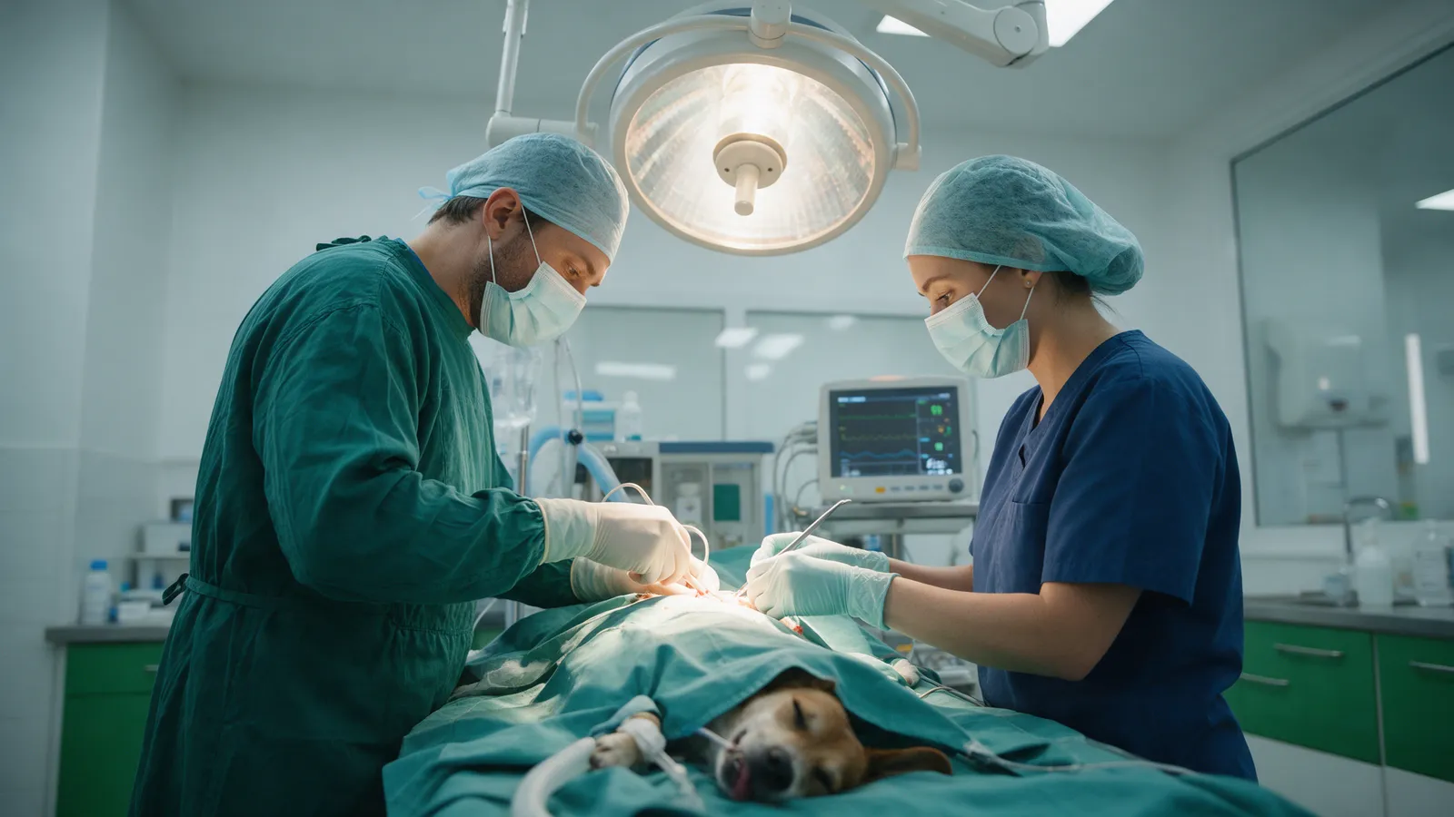 A vet and a veterinary nurse in scrubs performing surgery on a sedated dog under a surgical lamp