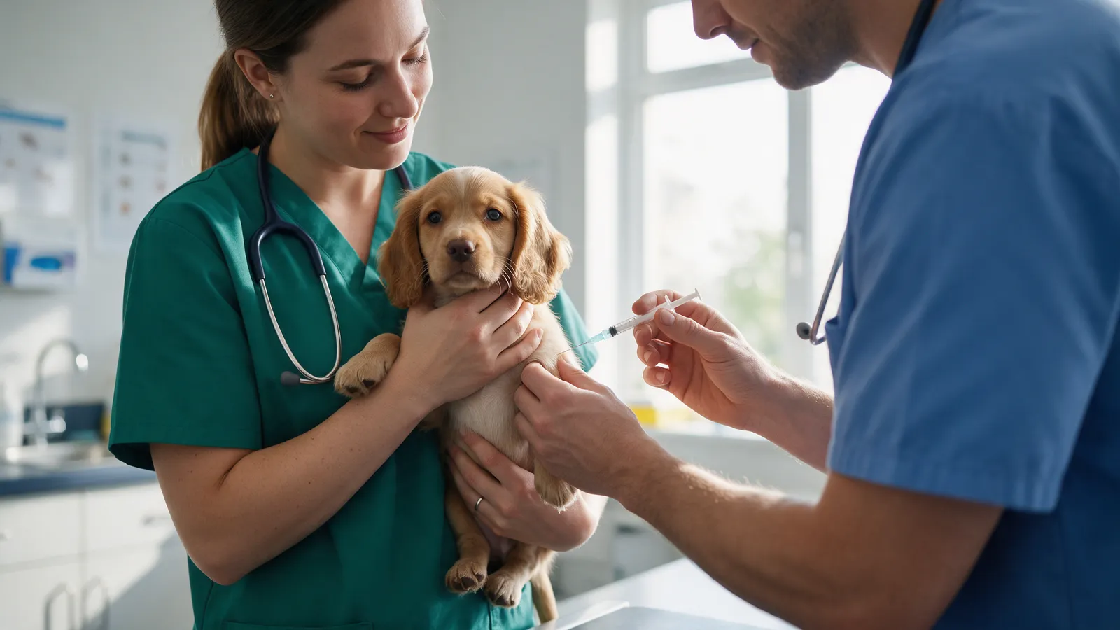 A veterinary nurse holding a spaniel puppy while a vet gives it a vaccination