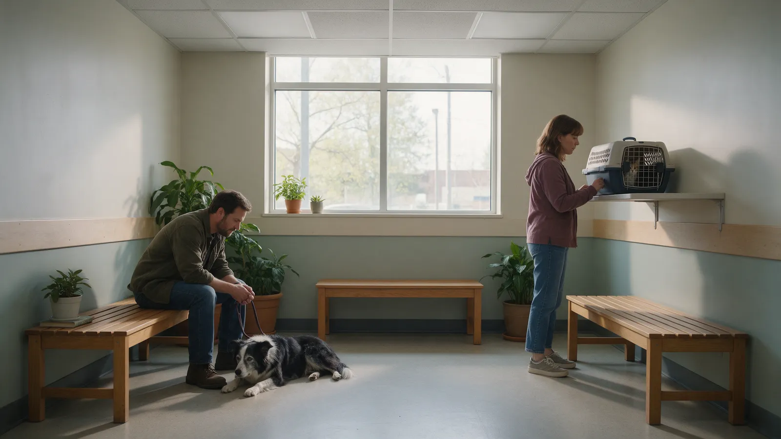 The waiting room with separate dog and cat sides, a man with an old border collie and a woman with a cat carrier on a raised shelf