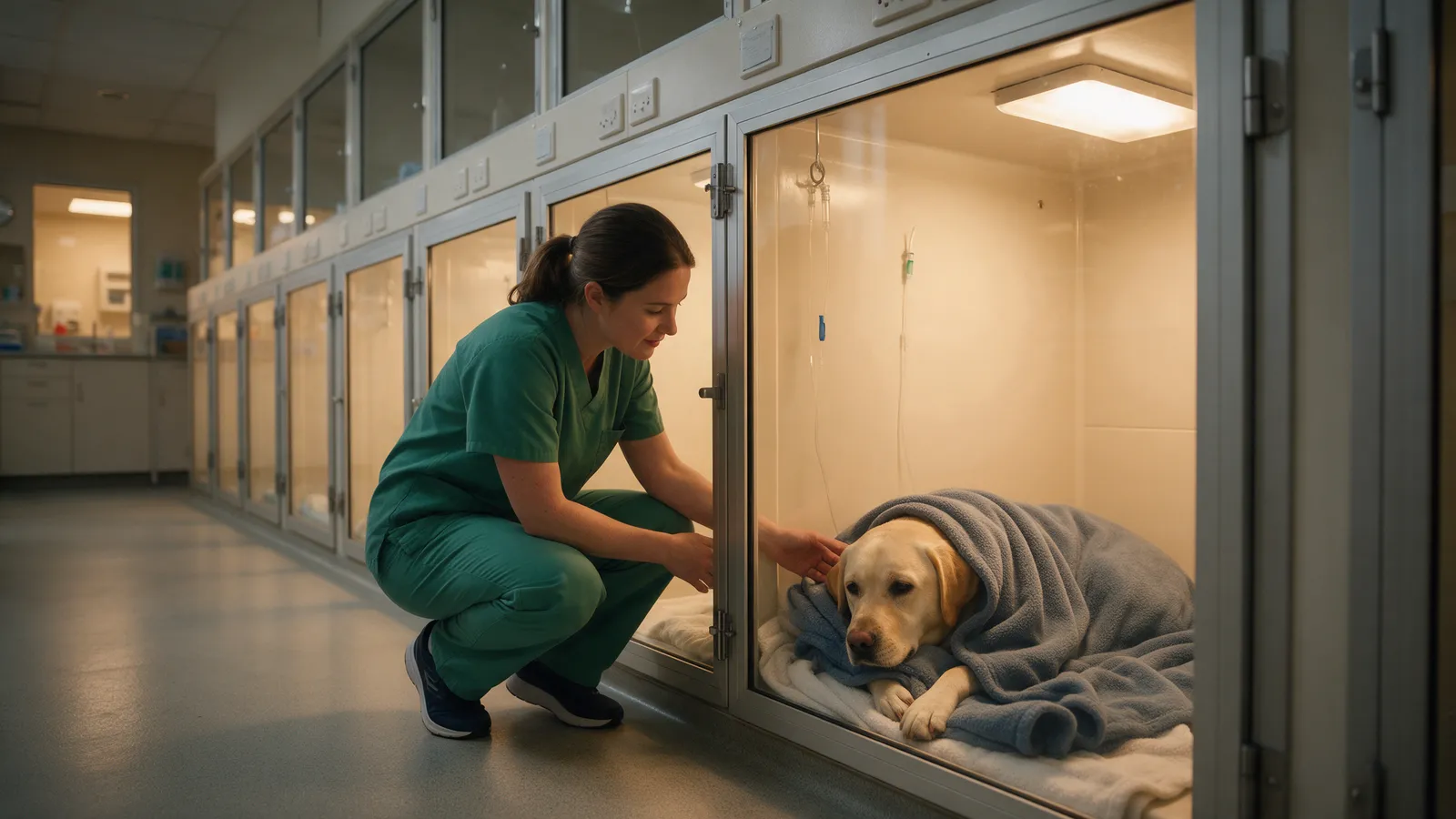 A nurse crouching to comfort a recovering labrador wrapped in a fleece blanket in a kennel in the recovery ward