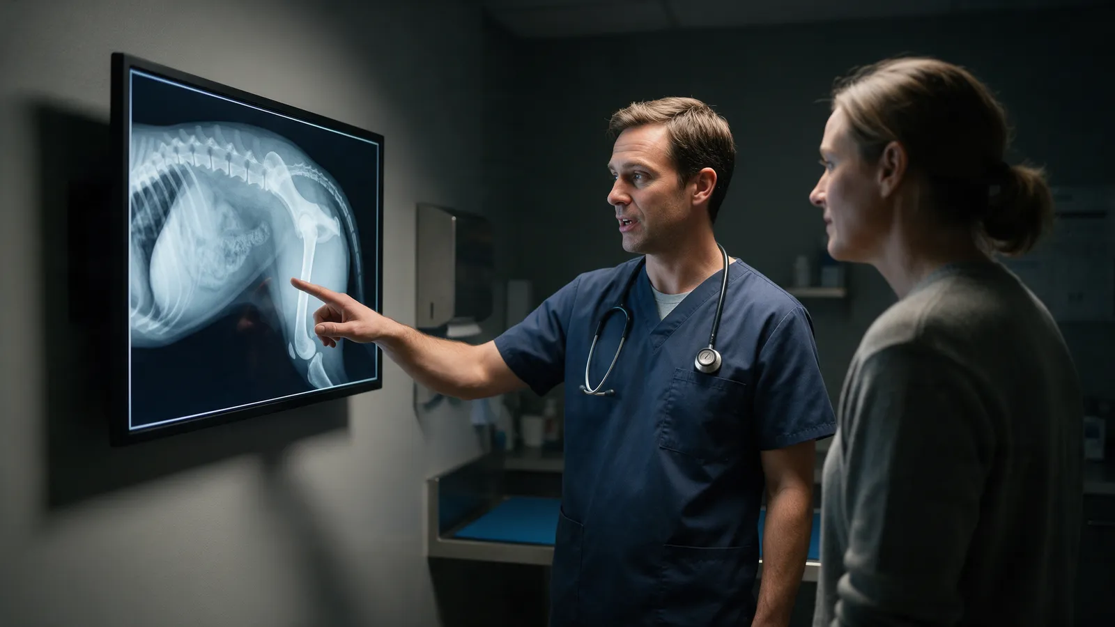 A vet pointing at a digital x-ray of a dog's hip on a wall screen while talking to a client