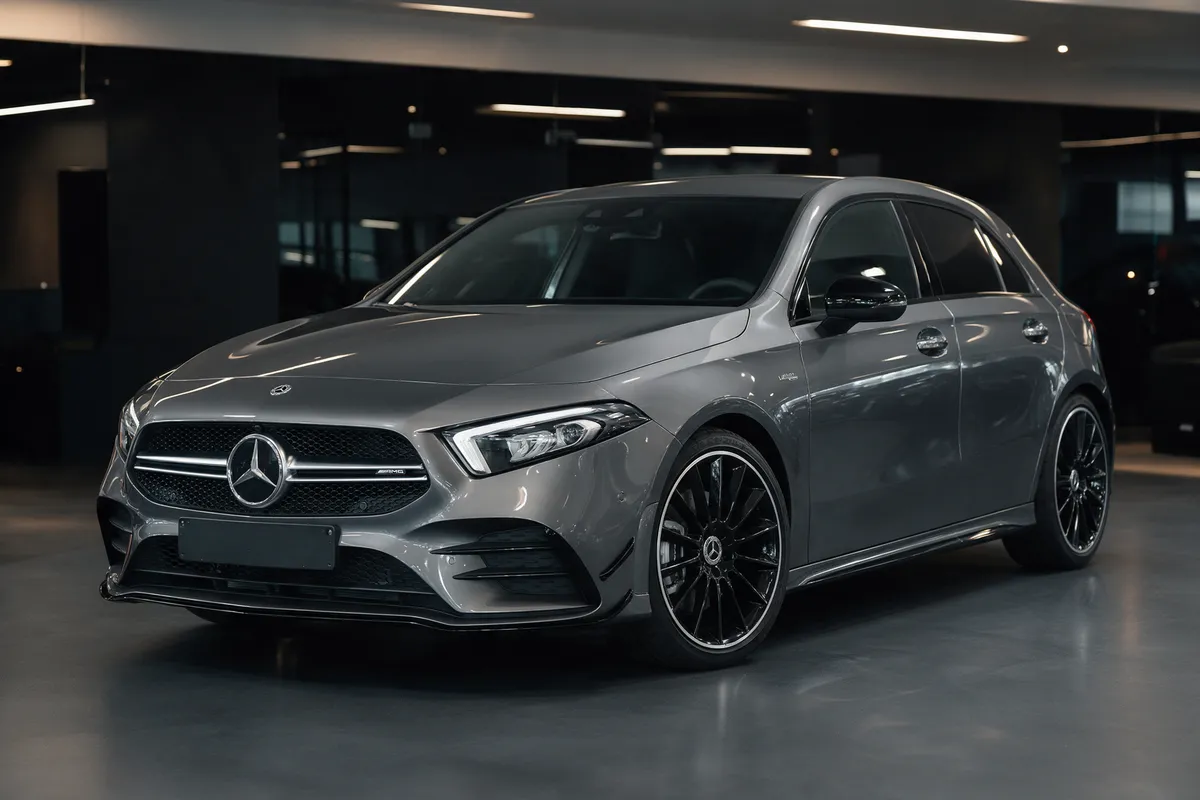 Grey Mercedes-Benz A-Class AMG Line hatchback in the showroom